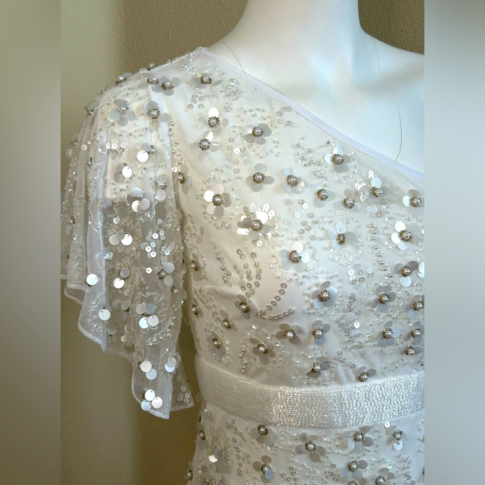 Mac Duggal NWT 4 One Shoulder Embellished High Low Asymmetric Gown White - Picture 11 of 13